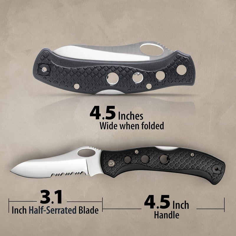Maxam 5" Saltwater Knife - Rust-Proof German Stainless Steel Serrated Blade with Black Handle, Reversible Pocket Clip, Lanyard Hole - Ideal for Salt & Fresh Water, Fishing Outdoor Use - Image 3